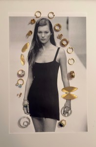 4 Nouvel Heritage 18-karat yellow gold and diamond rings; Emily P. Wheeler sparkle dome ring with diamonds and sapphires in rose 18-karat gold; Pomellato Nudo ring in 18-karat rose gold with sky blue topaz and diamonds and 3 Iconica rings in 18-karat rose gold with pink tourmalines, orange sapphires and blue sapphires; Ohliguer Forget Me Knot ring in 22-karat yellow gold and platinum with diamonds; 2 pairs of Swarovski crystals; plated rhodium earrings; Temple St. Clair 18-karat color theory ring; 2 pairs of Marco Bicego Lunaria Twist 18-karat yellow gold earrings; Roberto Coin earrings 18-karat rose gold venetian princess pavé diamond flower stud earrings.  

Kate Moss on the runway of the Prada Spring 1994 RTW show