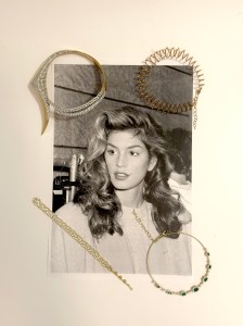 Yeprem 18-karat yellow gold white diamond necklace; Mattia Cielo 18-karat yellow gold collar necklace with emeralds and framed by brilliant diamonds; 18-karat rose gold flexible bubble necklace scattered with diamonds; Temple St. Clair 18-karat classic diamond trio necklace. 


Cindy Crawford backstage at the Calvin Klein Fall 1992 fall show.