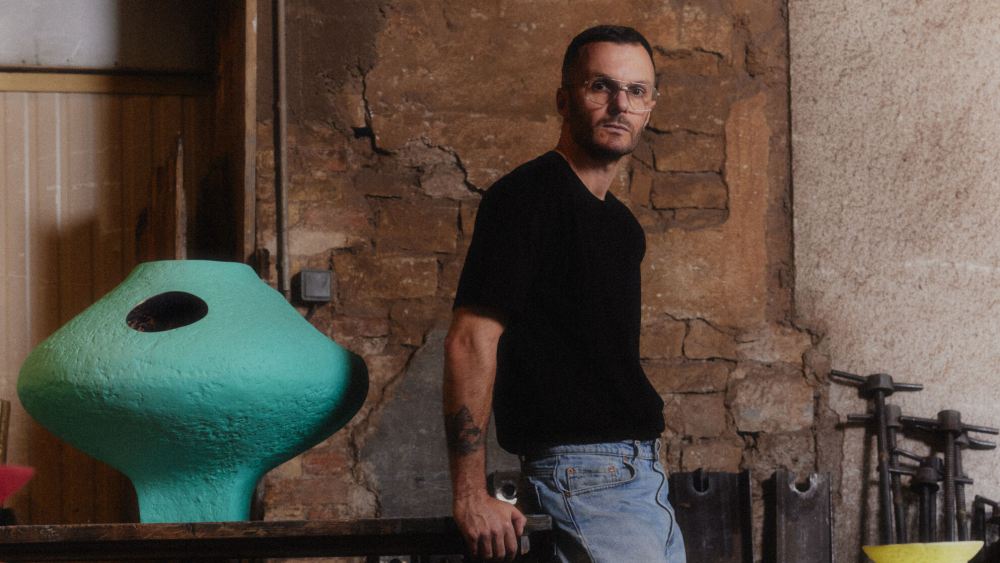 Designer Kris Van Assche with the bronze vessels he made at the Fodor foundry.