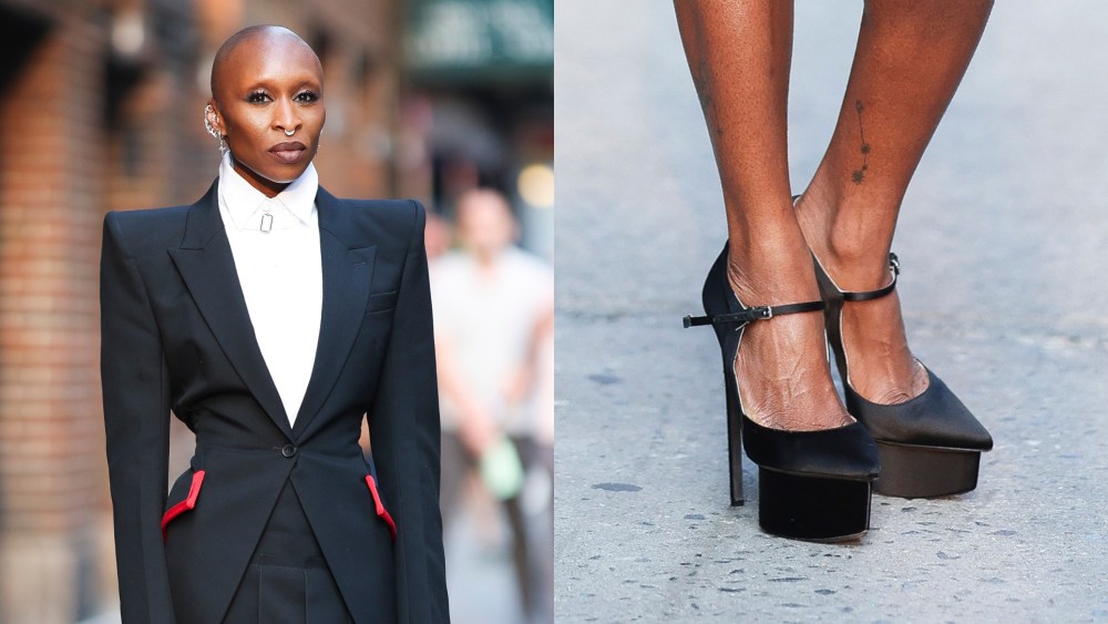 Cynthia Erivo in New York City on June 5, 2025 wearing a McQueen outfit with Giambattista Valli platform pumps.