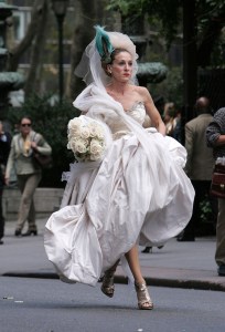 Sarah Jessica Parker on the set of "Sex and the City: The Movie" wearing a Vivienne Westwood design.