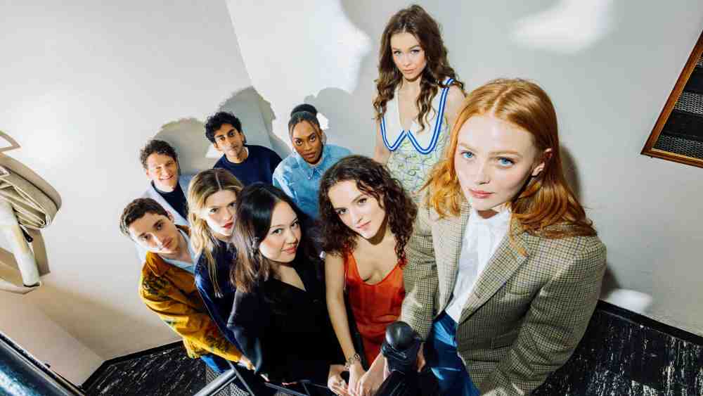 Hagan Oliver’s, Gabriel Ebert, Nihar Duvvuri, Molly Griggs ,Morgan Scott, Amalia You, Fina Strazza, Maggie Kuntz, and Sadie Sink, the cast of John Proctor Is The Villian at the Booth Theatre.