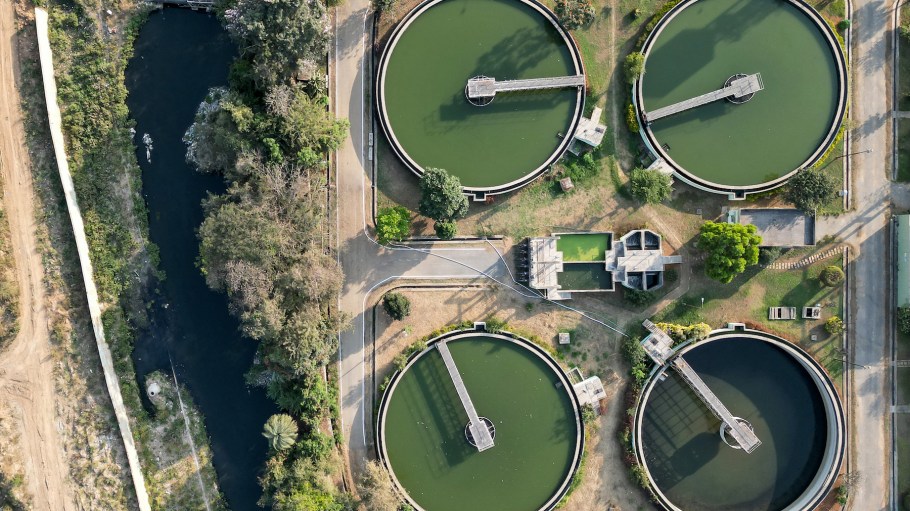 An aerial view shows Bangalore Water Supply and Sewerage Board’s (BWSSB) sewage treatment plant (STP) in Bengaluru on February 17, 2025. (Photo byIdrees MOHAMMED / AFP)