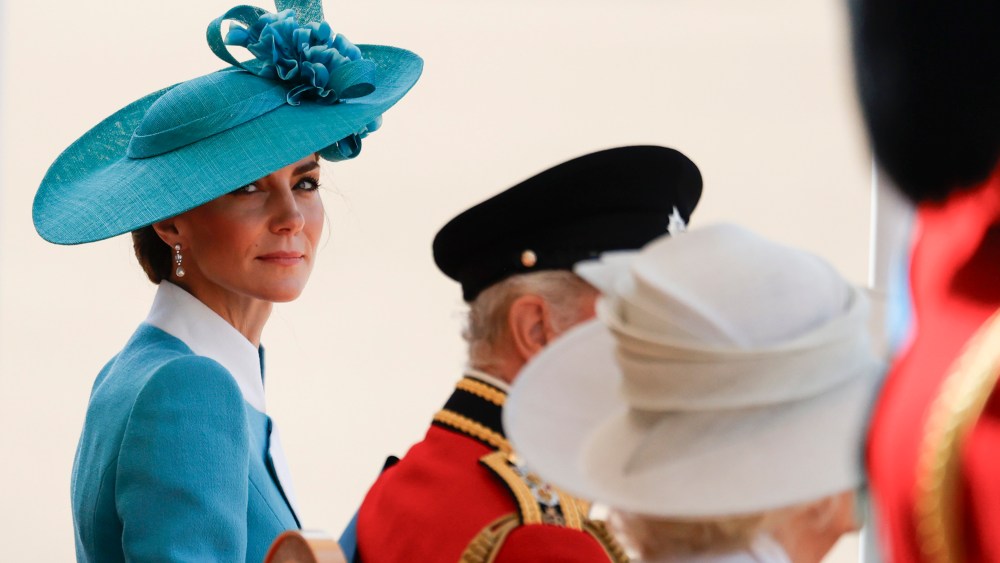 LONDON, ENGLAND - JUNE 14: Catherine, Princess of Wales at Horse Guards Parade during Trooping The Colour 2025 on June 14, 2025 in London, England. Trooping The Colour is a ceremonial parade celebrating the official birthday of the British Monarch. The event features over 1,400 soldiers and officers, accompanied by 200 horses. More than 400 musicians from ten different bands and Corps of Drums march and while performing. (Photo by John Phillips/Getty Images)