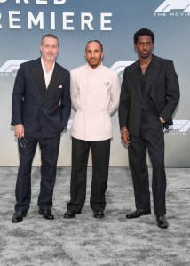 Brad Pitt, Lewis Hamilton, Damson Idris at the "F1" New York Premiere on June 16, 2025 in New York, New York.