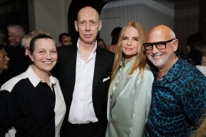 LONDON, ENGLAND - JUNE 03: (L-R) Nick Knight and guest (L), Patsy Palmer and Sam McKnight attend Sam McKnight's 50th Celebrations and 70th Birthday at La Môme on June 03, 2025 in London, England. (Photo by Darren Gerrish/WireImage for Sam McKnight)