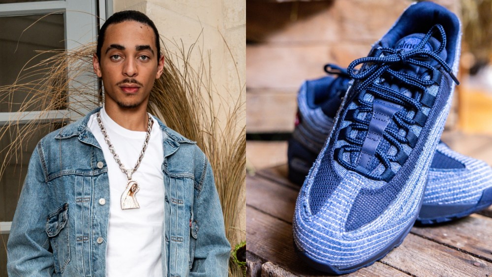 Julez Smith attends the Levi's x Nike dinner held at Levi's Haus of Strauss Paris during Paris Fashion Week on June 25, 2025; a pair of the Levi's x Nike Air Max 95 Denim sneakers.