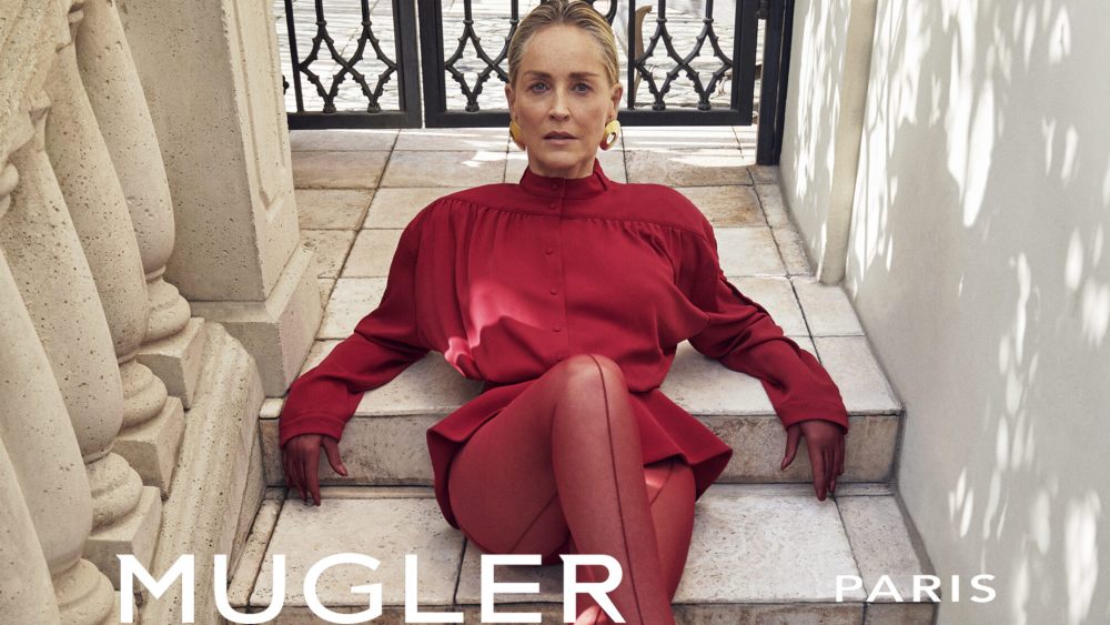 Sharon stone wearing a look from a new archival Mugler capsule.