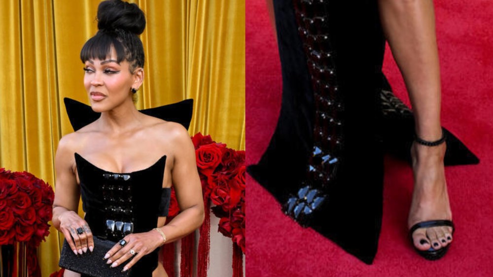 Meagan Good wears black strappy sandals at Hollywood Unlocked Impact Awards 2025 in Beverly Hills, Calif.
