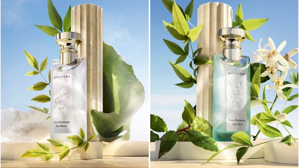 The Bulgari Eau Parfumée Thé Blanc and Thé Vert fragrances.