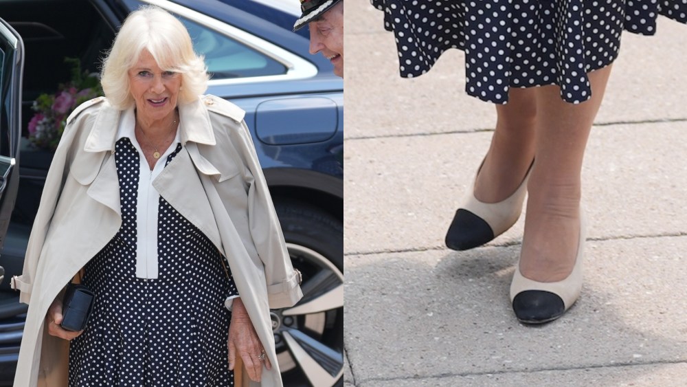 Queen Camilla wearing Chanel cap toe pumps on June 4, 2025 in London.