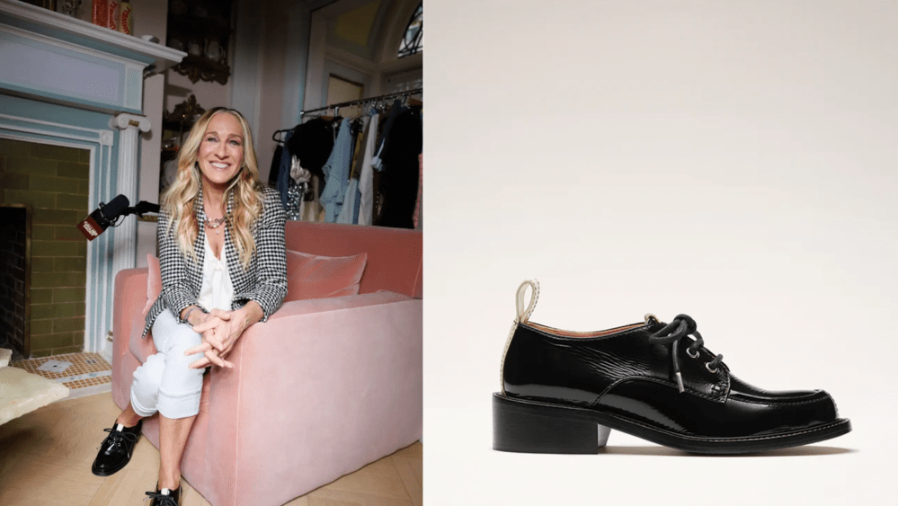 Sarah Jessica Parker wears Nomasei Sonic Derby shoes in black for her appearance on Alex Cooper's 'Call Her Daddy.'