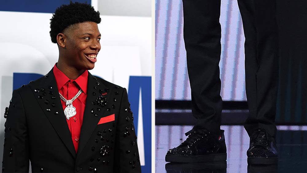 Ace Bailey wears Christian Louboutin shimmering sneakers at the NBA Draft Day One, where he was drafted to the Utah Jazz.