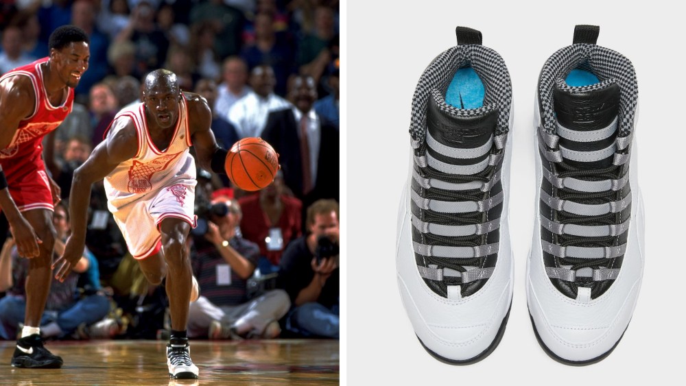 Air Jordan 10 Steel 2025. Michael Jordan in the Air Jordan 10 Steel in Scottie Pippen's 1994 charity game at Chicago Stadium.