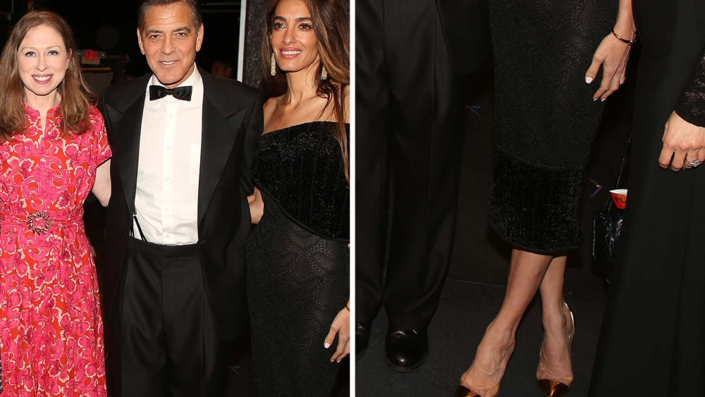 Dr. Chelsea Clinton, George Clooney, Amal Clooney  backstage at the hit play "Good Night, and Good Luck" on Broadway at The Winter Garden Theatre on May 29, 2025 in New York City, Detail of Amal Clooney's Gianvito Rossi Plexi pumps.