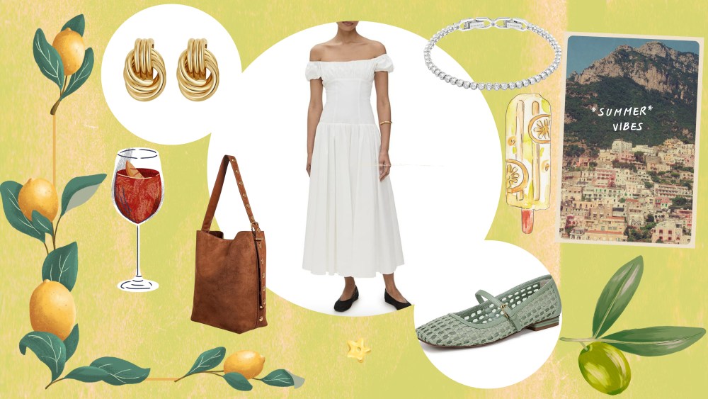 Amazon prime day deals white dress, gold earrings, brown suede bag and mesh Mary Jane flats on summer style mood board