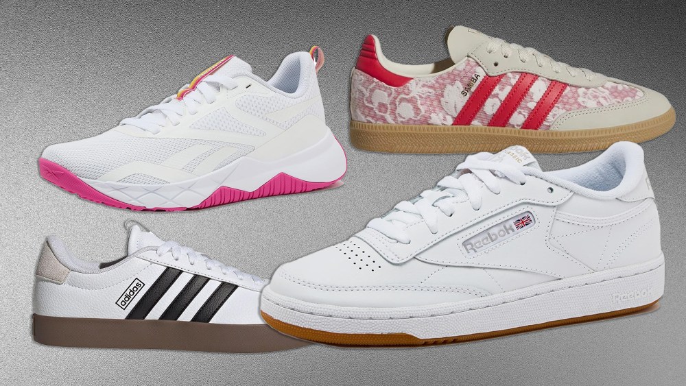 four different sneaker styles on sale at amazon right now, over a gradient black and white background