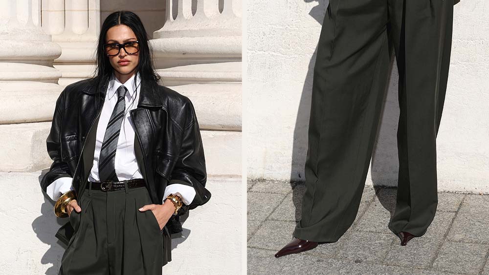 Amelia Gray attends the Saint Laurent Menswear Spring/Summer 2026 show as part of Paris Fashion Week in dramatic pointed-toe burgundy heels on June 24, 2025.