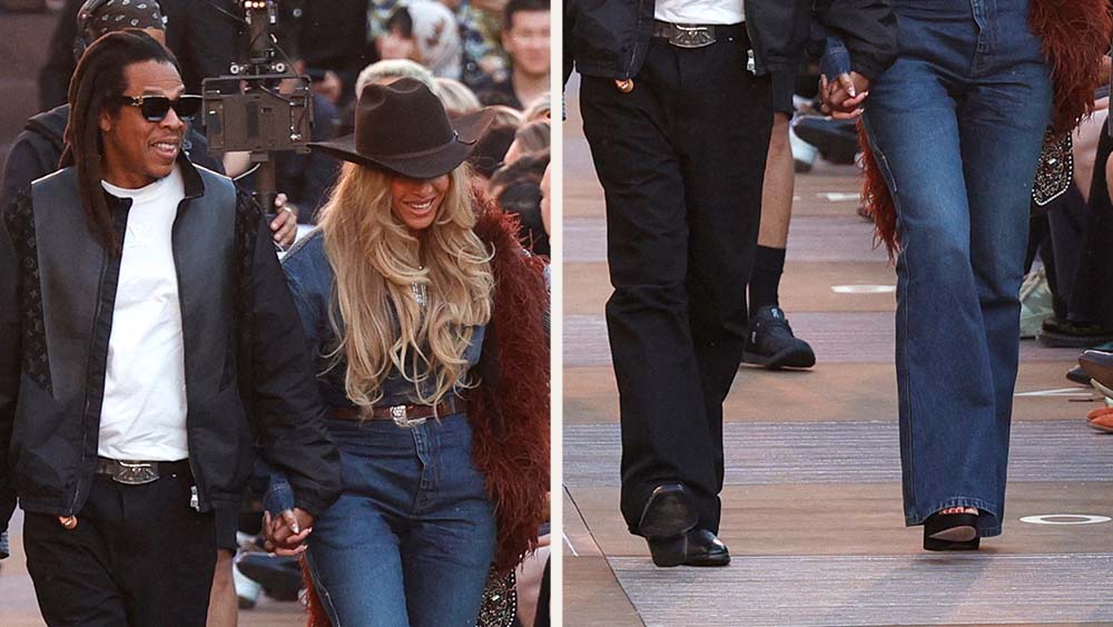 Jay-Z and Beyoncé arriving at the Louis Vuitton Men's Show in Paris in coordinated black shoes.