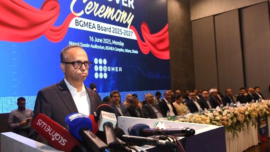 BGMEA president Mahmud Hasan Khan Babu speaking at the association's Handover Takeover Ceremony in Dhaka.