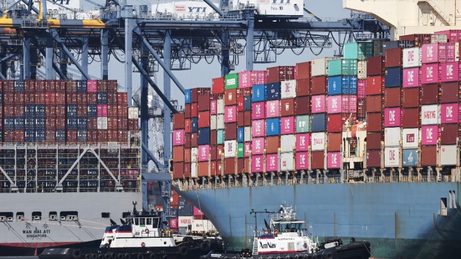 Shipping containers are stacked on container ships at the Port of Los Angeles on June 25, 2025 in Los Angeles, California.