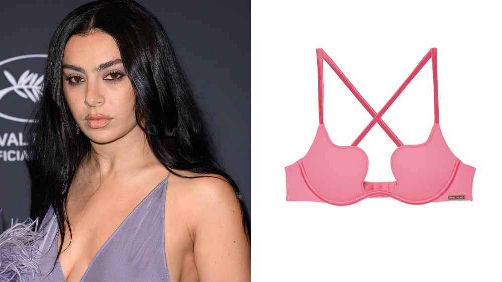 charli xcx in a gown standing on a red carpet; pink plunging bra from fleur du mal over a white background