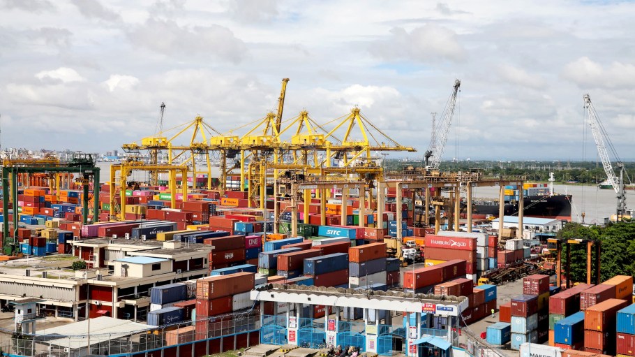 Container cranes lie non-operational at the Chittagong Port in Chittagong on June 29, 2025, as export and import activities remained suspended due to an ongoing protest by employees of the National Board of Revenue (NBR) over reform issues by Bangladesh's interim government.