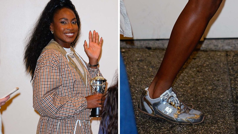 Coco Gauff is seen in Miu Miu New Balance sneakers and plaid outfit on June 9, 2025 in New York City.