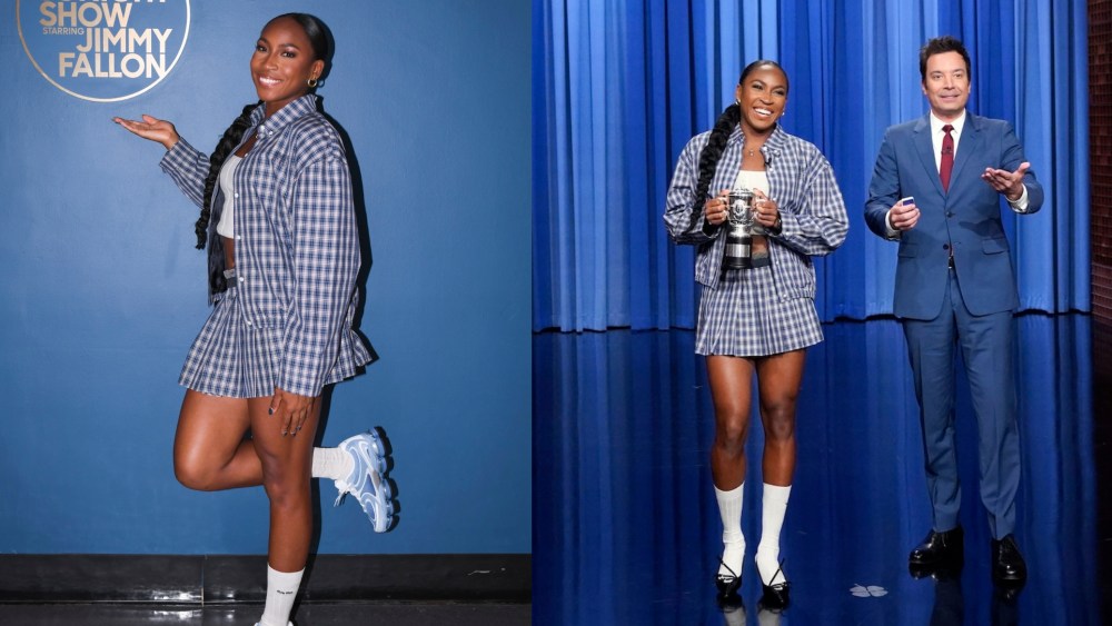 Coco Gauff wearing New Balance sneakers and Miu Miu heels on "The Tonight Show Starring Jimmy Fallon" on June 10, 2025.