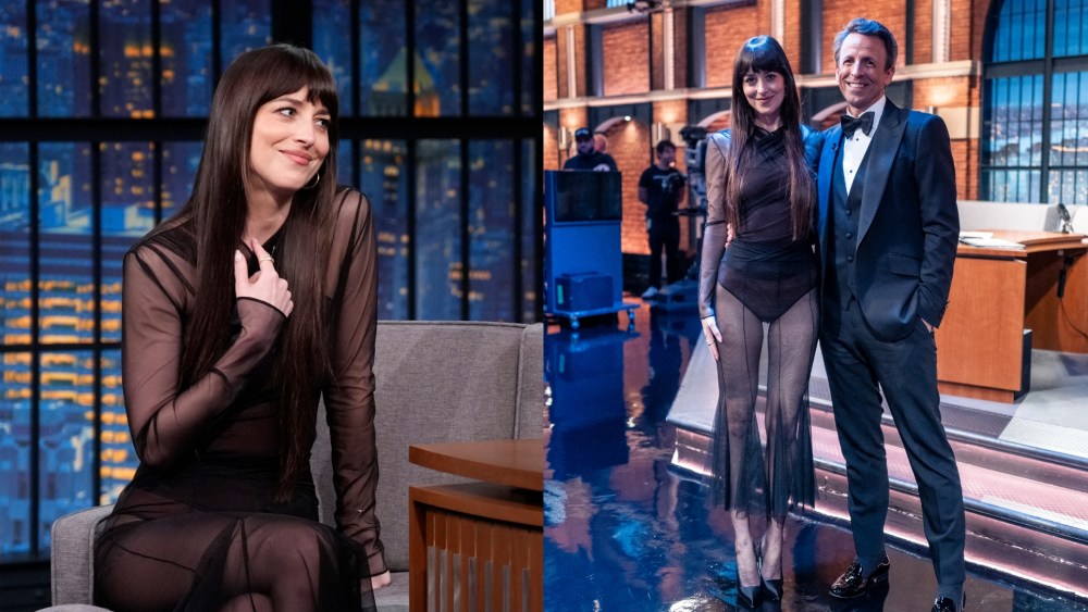 LATE NIGHT WITH SETH MEYERS -- Episode 1659 -- Pictured: (l-r) Actress Dakota Johnson and host Seth Meyers during a commercial break on June 5, 2025 -- (Photo by: Lloyd Bishop/NBC via Getty Images)
