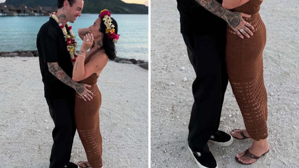Demi Lovato wearing Gianvito Rossi Ascent Thong Sandals and husband Jutes on their honeymoon in Bora Bora in June 2025.