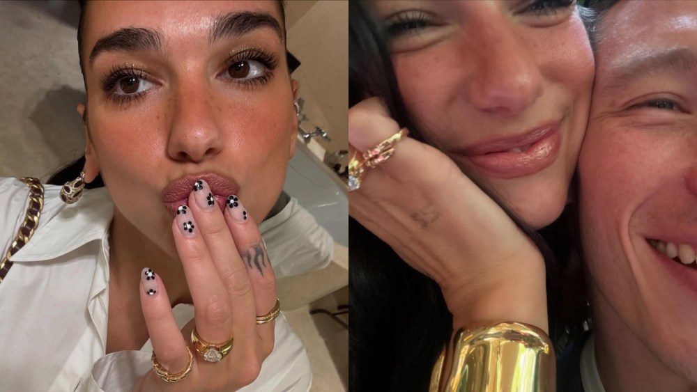 Dua Lipa wearing her engagement ring on Instagram and posing with fiancé Callum Turner.