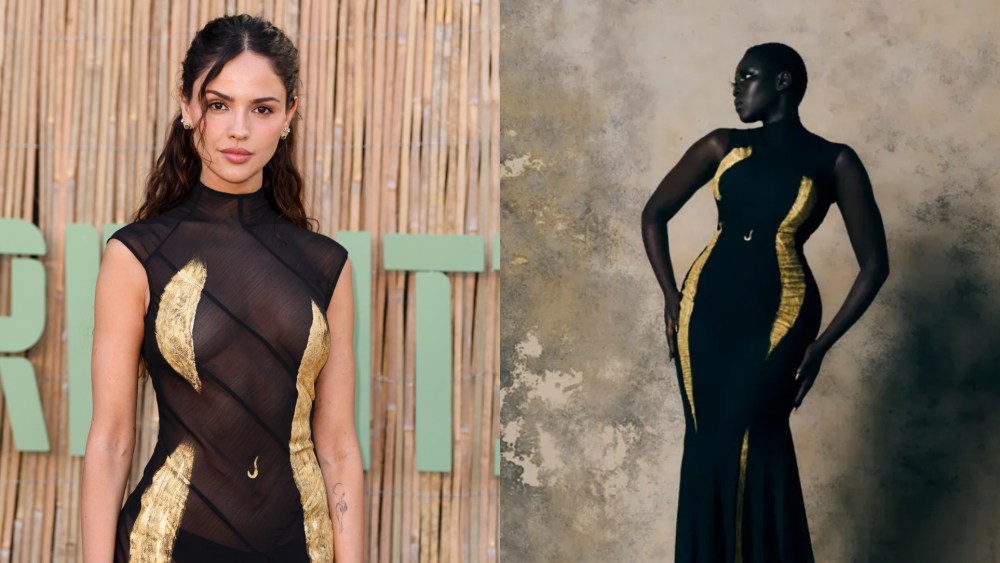 Eiza González attends The Serpentine Gallery Summer Party 2025 at Serpentine on June 24, 2025 in London, left. Harris Reed's fall 2025 ready-to-wear collection, right.