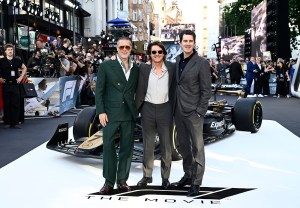 LONDON, ENGLAND - JUNE 23: (L-R) Brad Pitt, Tom Cruise and Joseph Kosinski attend the European Premiere of F1 ¬Æ The Movie at Cineworld, Leicester Square on June 23, 2025 in London, England. (Photo by Gareth Cattermole/Getty Images for Warner Bros. Pictures)
