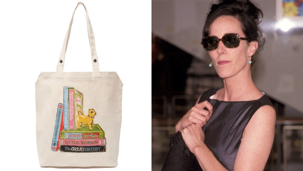 a frances valentine tote bag depicting a dog and books; kate spade in sunglasses and a black dress