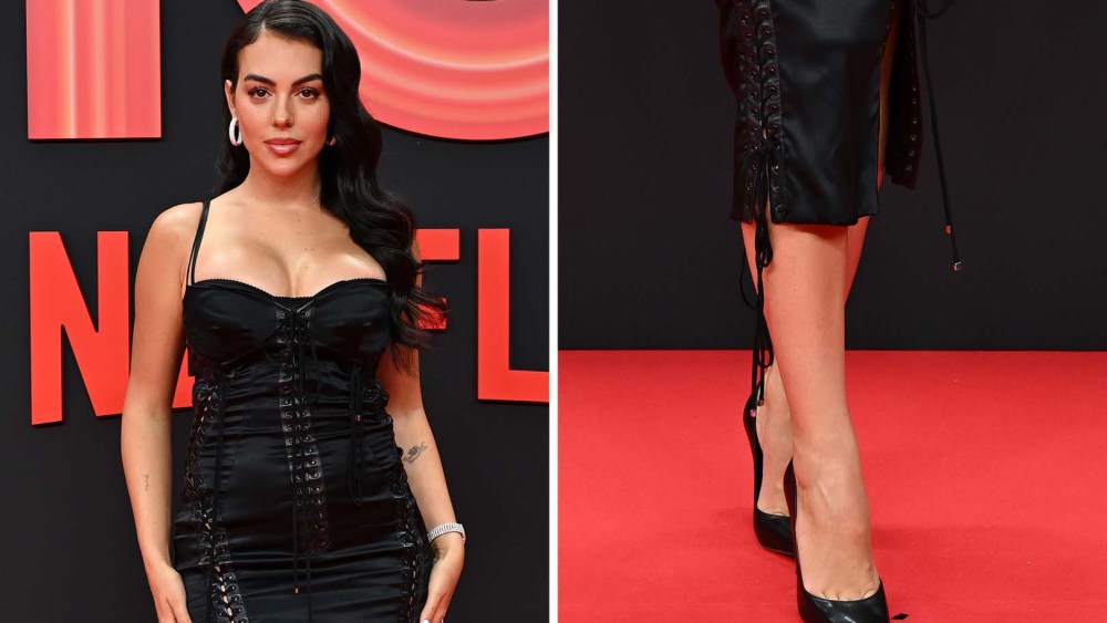 Georgina Rodríguez wears shiny black stiletto shoes while attending the red carpet for the 10th Anniversary of Netflix Spain at Palacio de Cristal on June 10, 2025 in Madrid.