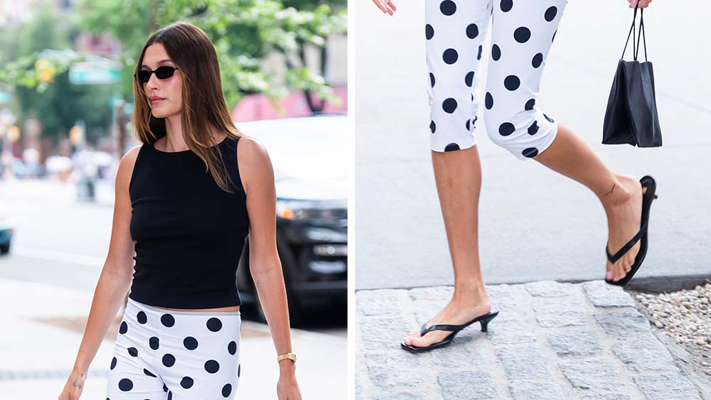 Hailey Bieber in thong sandals with kitten heel while out in New York City.