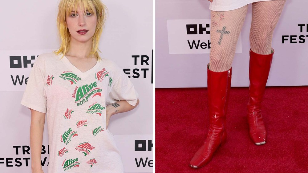 Hayley Williams attends the "Turnstile: Never Enough" Premiere in Newports t-shirt and red patent-leather like knee-high red boots during 2025 Tribeca Festival at SVA Theater on June 5 in New York City.