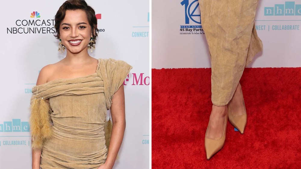 Isabela Merced attends the National Hispanic Media Coalition Impact Awards Gala 2025 in camel-hued stilettos and a Tory Burch dress at Beverly Wilshire, A Four Seasons Hotel on June 6, 2025 in Beverly Hills.