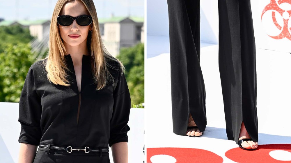 Jodie Comer attends the 28 Years Later photocall at IET London: Savoy Place in Gucci jumpsuit and black heeled sandals on June 16, 2025.