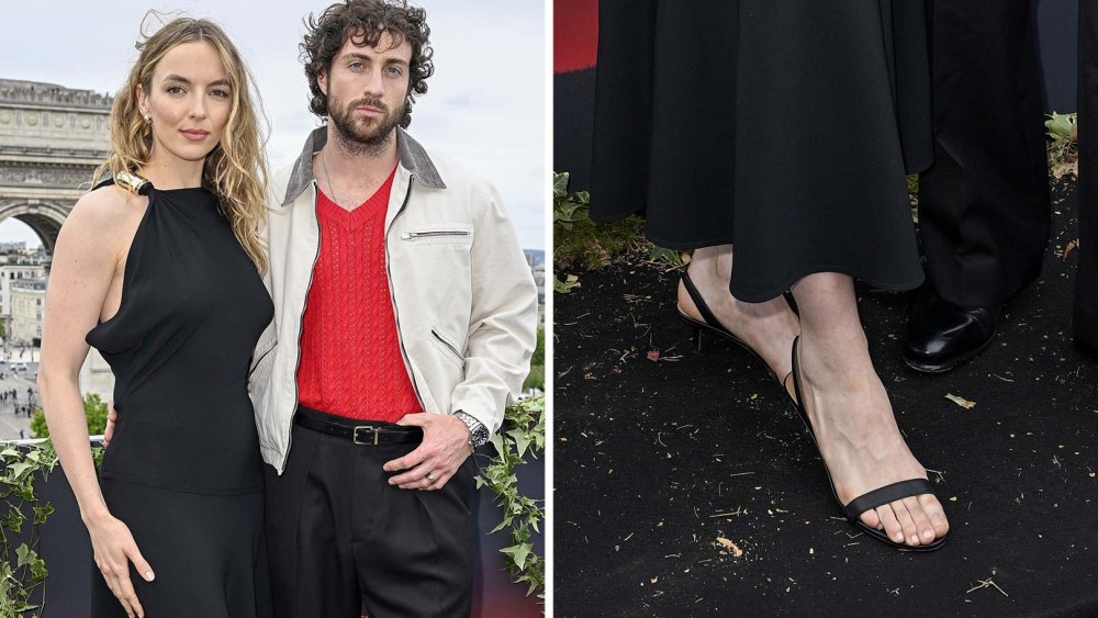 Jodie Comer and Aaron Taylor-Johnson attend the "28 Years Later" photocall at Publicis Champs Elysees on June 4, 2025 in Paris, France, along with a closeup loook at Comer's strappy sandal.