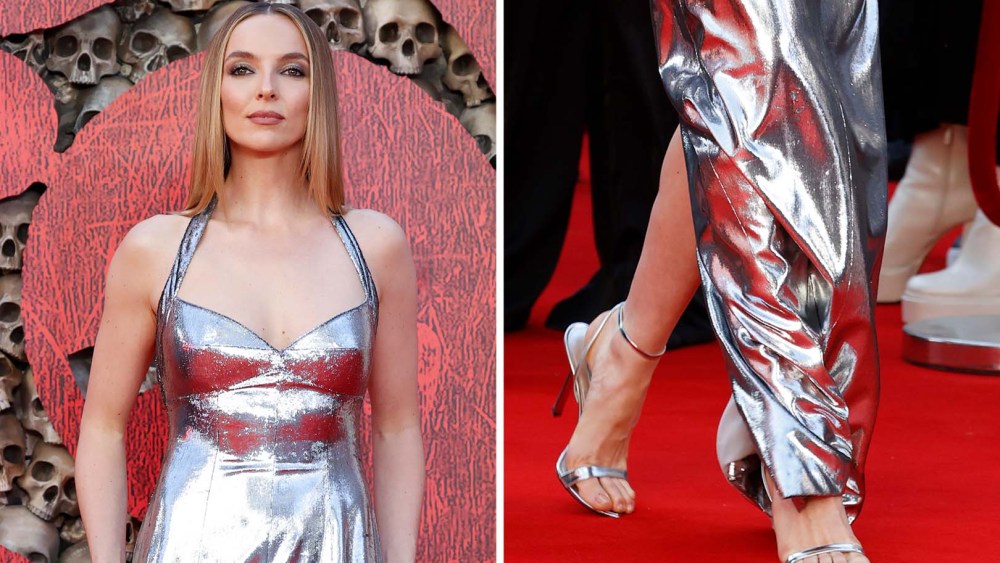 Jodie Comer attends the "28 Years Later" World Premiere on June 18, 2025 in London in a liquid silver look complete with sling-back heels.