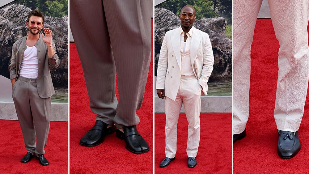 Jonathan Bailey and Mahershala Ali embracing the small shoe trend at the premiere. of "Jurassic World: Rebirth" in New York on June 23, 2025.