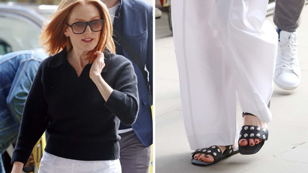 Julianne Moore arriving at BBC Radio 6 wearing Khaite Boden Sandal in Black Leather to promote her new drama series 'Echo Valley' on June 9, 2025 in London, England.