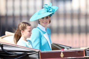 LONDON, ENGLAND - JUNE 14: Princess Charlotte of Wales and Catherine, Princess of Wales arrive on an Ascot Landau carriage during Trooping The Colour 2025 on June 14, 2025 in London, England. Trooping The Colour is a ceremonial parade celebrating the official birthday of the British Monarch. The event features over 1,400 soldiers and officers, accompanied by 200 horses. More than 400 musicians from ten different bands and Corps of Drums march while performing. (Photo by Chris Jackson/Getty Images)