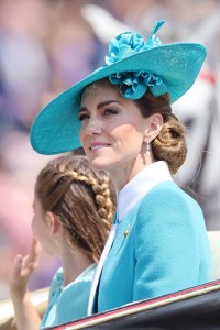 LONDON, ENGLAND - JUNE 14: Princess Charlotte of Wales and Catherine, Princess of Wales arrive on an Ascot Landau carriage during Trooping The Colour 2025 on June 14, 2025 in London, England. Trooping The Colour is a ceremonial parade celebrating the official birthday of the British Monarch. The event features over 1,400 soldiers and officers, accompanied by 200 horses. More than 400 musicians from ten different bands and Corps of Drums march while performing. (Photo by Chris Jackson/Getty Images)