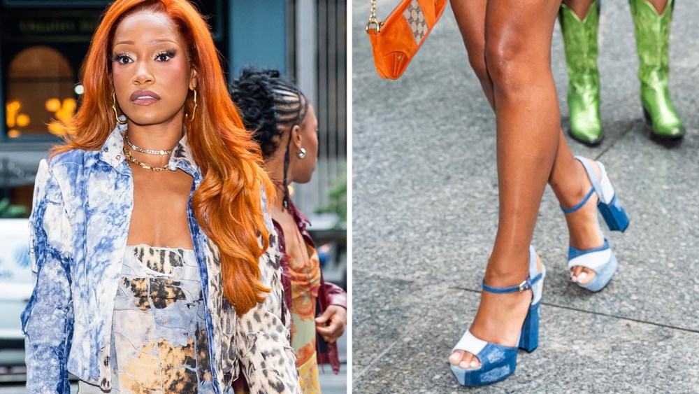 Keke Palmer in Dolce& Gabbana Keira Platform Sandals in patchwork denim in NYC on June 18, 2025.