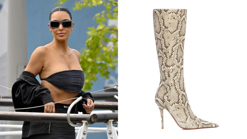 Kim Kardashian arrived in Venice for Lauren Sánchez's wedding on June 26, 2025, wearing a pair of Amina Muaddi's Barbara snake print boots.