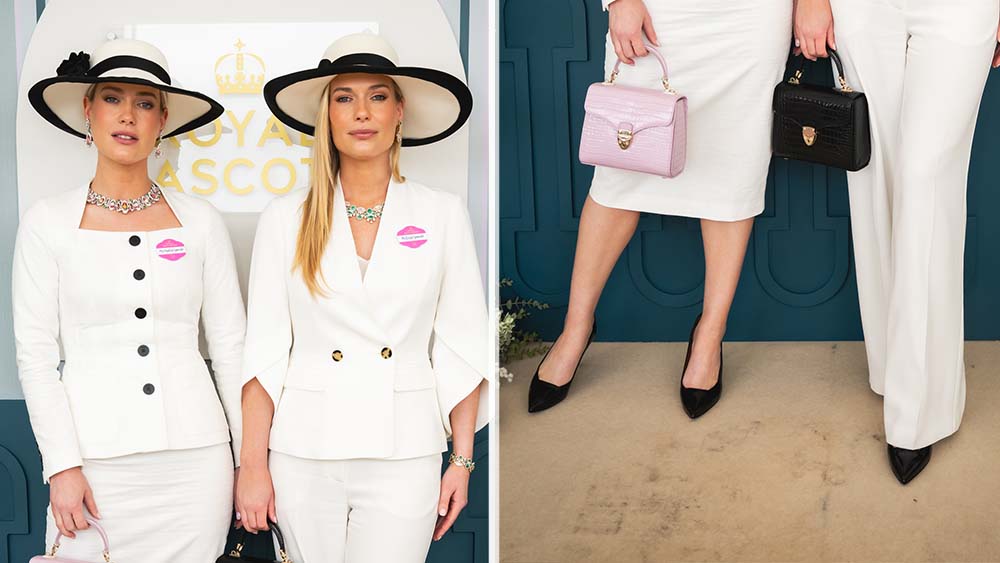 Lady Amelia Spencer and Lady Eliza Spencer in coordinated The Fold looks including black patent pumps while attending the 4th day of Royal Ascot on June 20, 2025 in Ascot, England.
