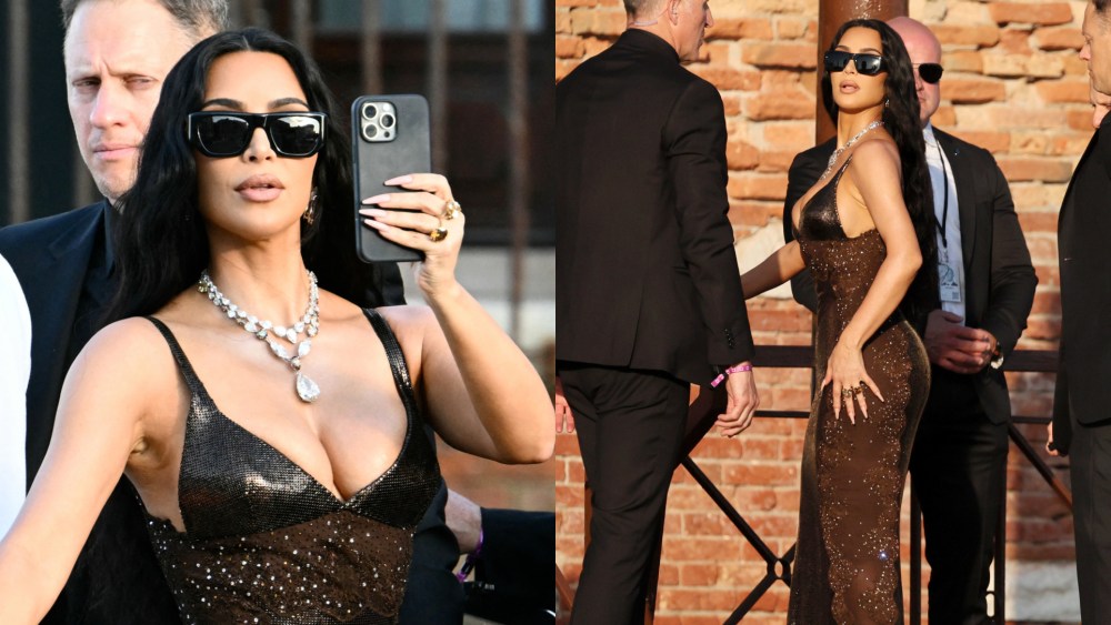 Kim Kardashian in Versace on June 27 for the wedding of Jeff Bezos and Lauren Sánchez in Venice, Italy.